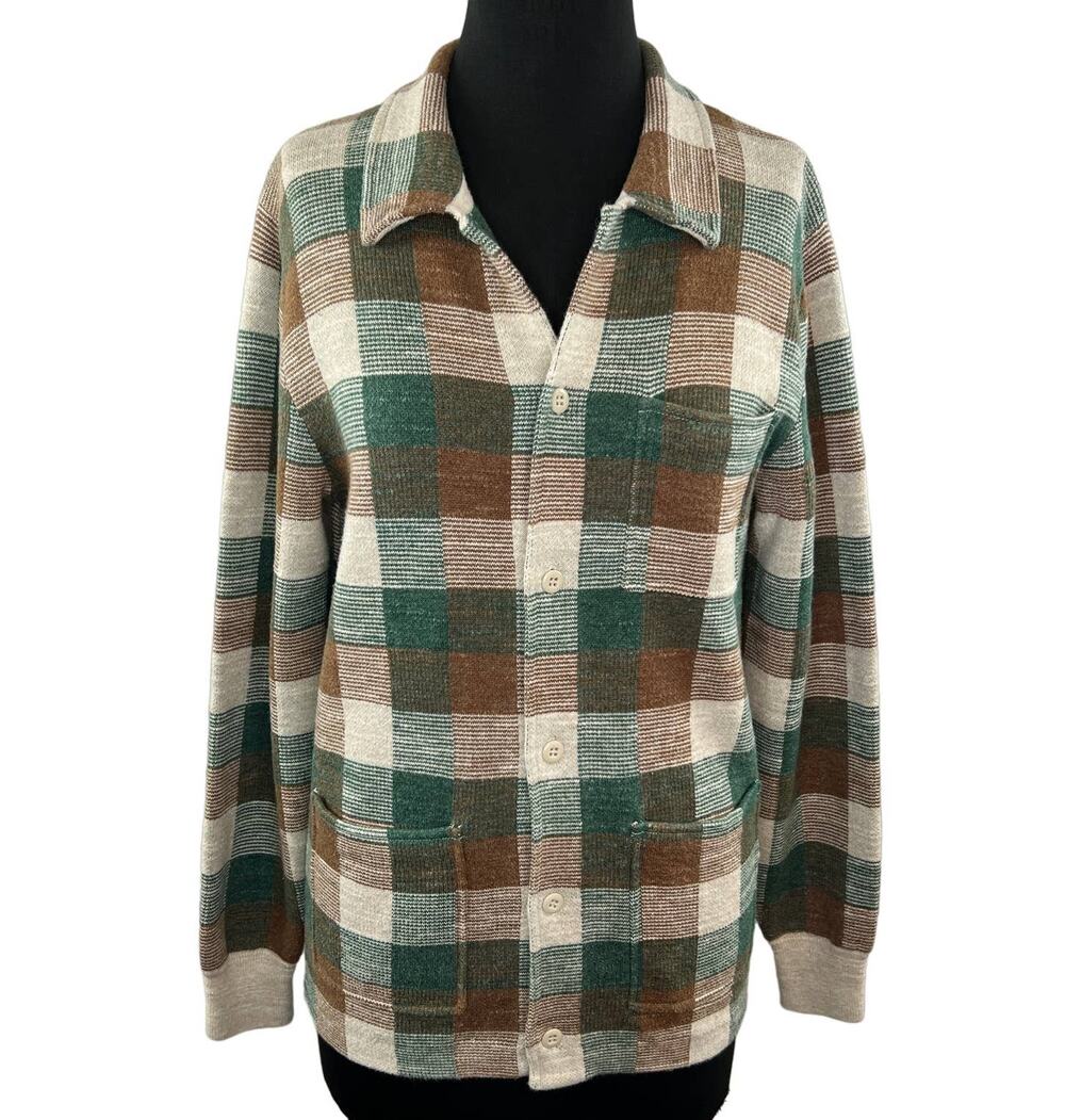 Knit for J.Crew Brown Green Wool Plaid Button-Up Sweater Shaket Collar BC594 XS